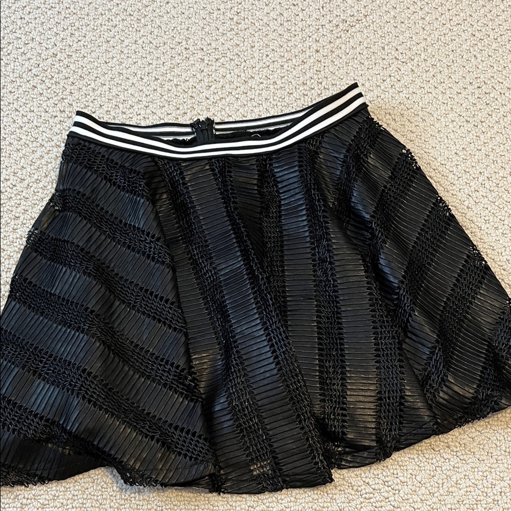 BCBGeneration Black Faux Leather Textured Skater Skirt with Sporty Band